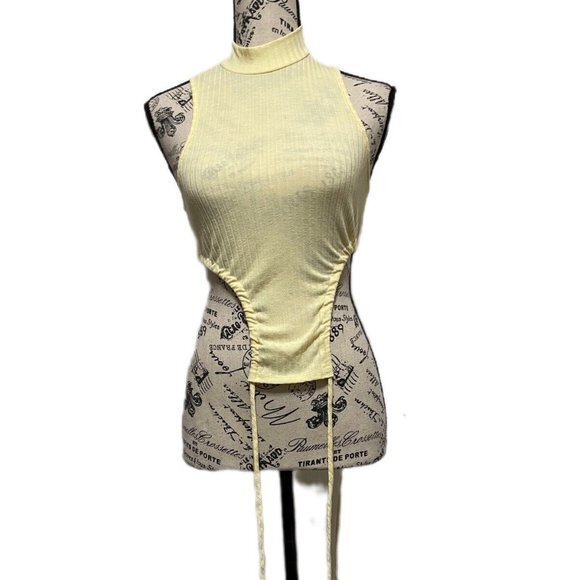 Sleeveless Mock Neck Two Sided Ribbed Yellow Tank Top Size Small - Picture 7 of 7
